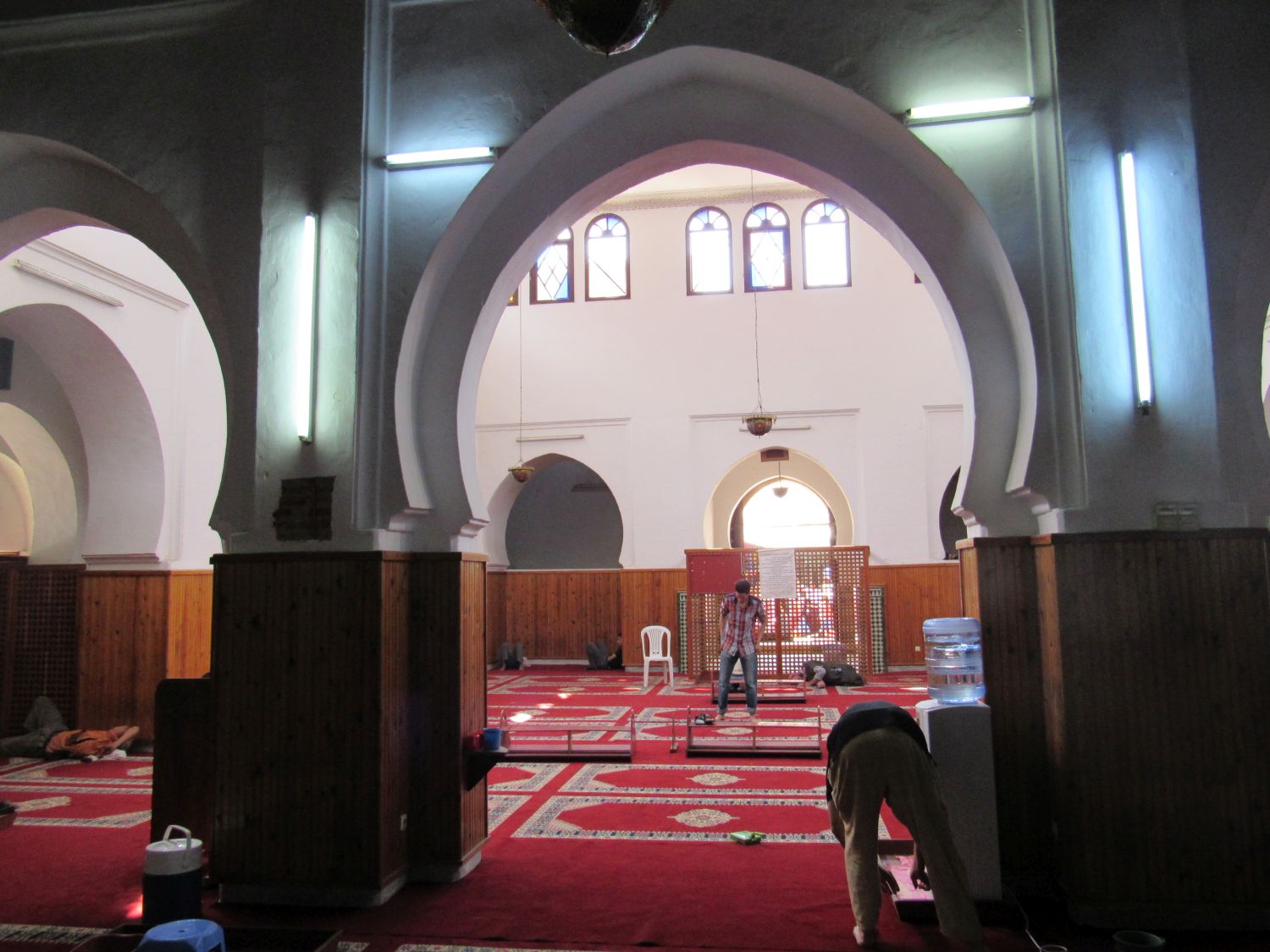 Interior view of the prayer hall toward the entrance