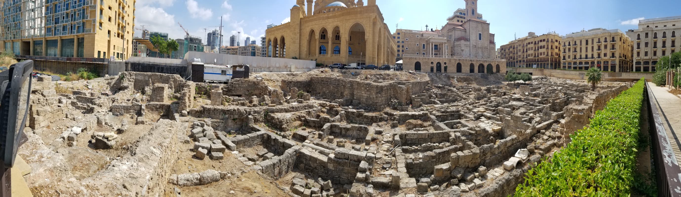 Garden of Forgiveness - Panorama view of archaeological site with St. George Maronite Cathedral and Muhammad al-Amin Mosque in background.&nbsp;