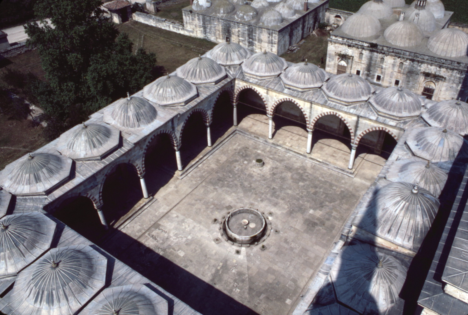 Mosque: view over the forecourt from one of the minarets.