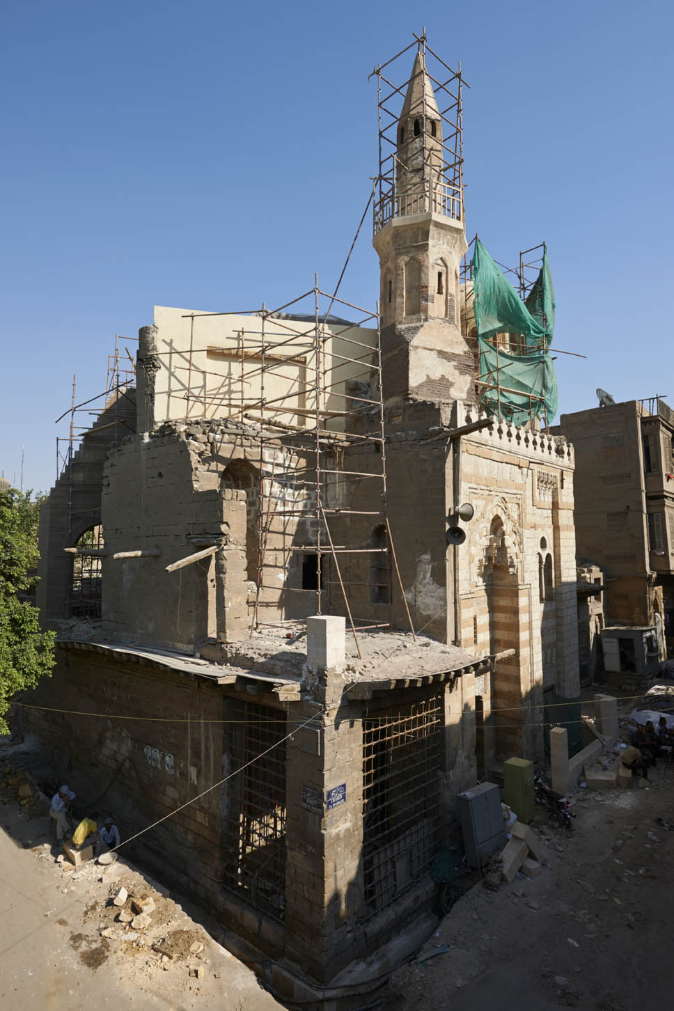 General exterior view, with scaffolding