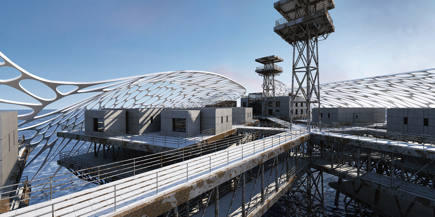 Internal suspended pathways and surveillance towers, visualization rendering