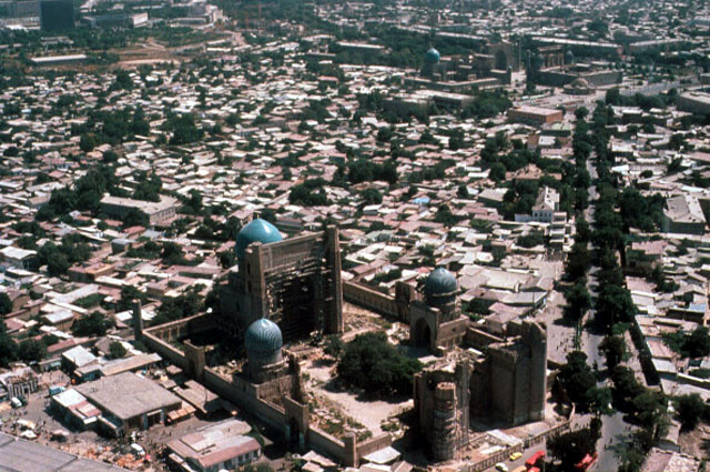 Aerial view over the city and the Bibi Khanum complex