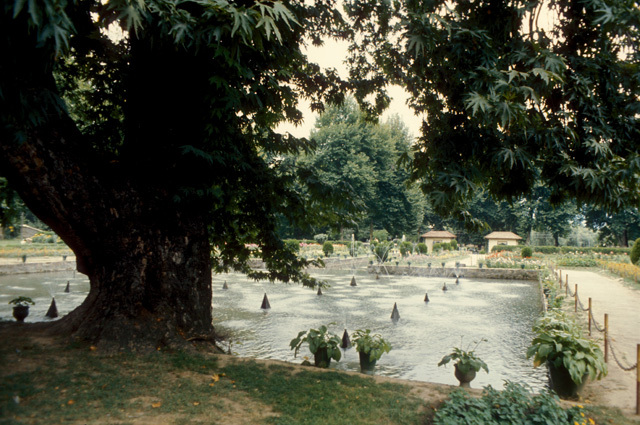 General view looking north showing the second pool on the second terrace.Two entrance gates appear in the background