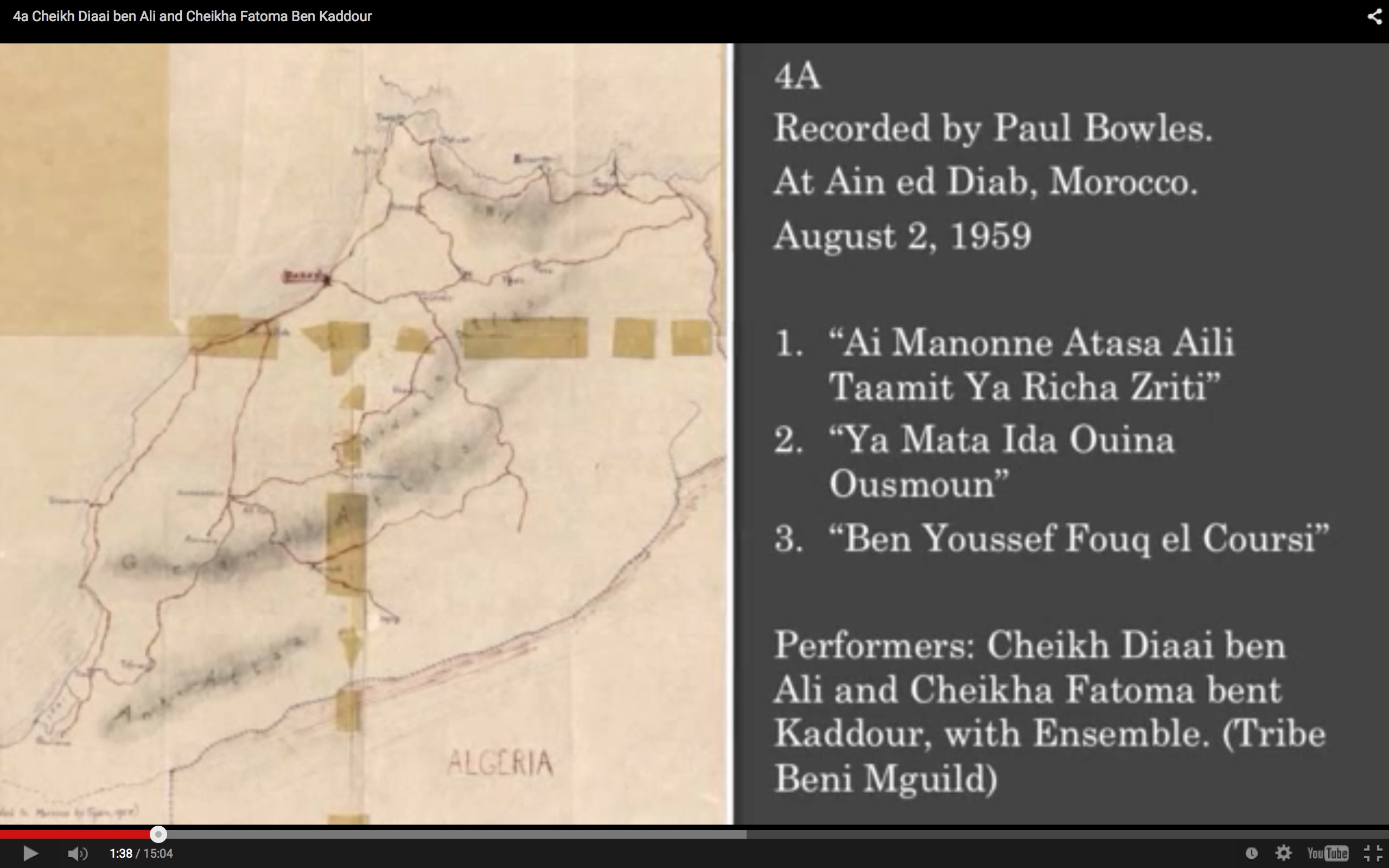 4a
Cheikh Diaai ben Ali and Cheikha Fatoma Ben Kaddour with ensemble
Recorded in Aïn Diab, Morocco on August 2, 1959 by Paul Bowles

