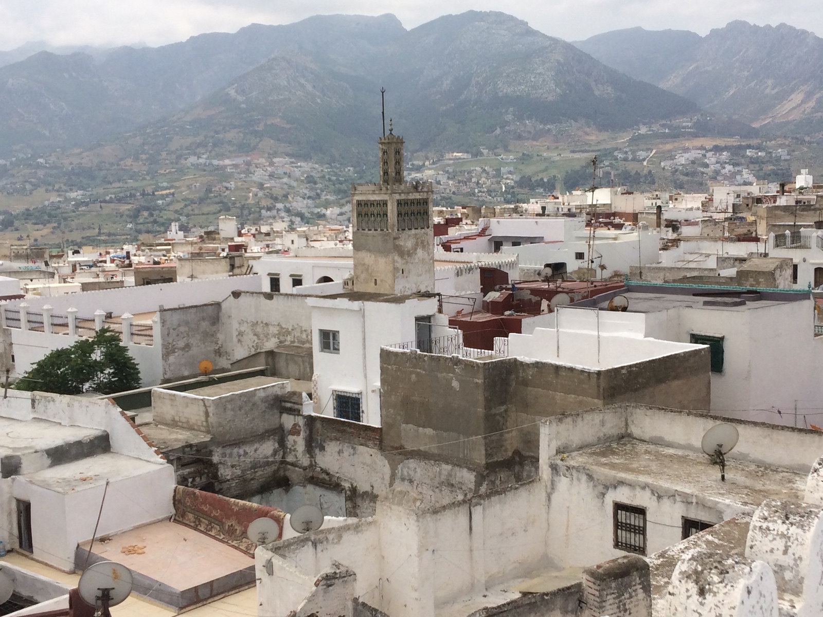 View across rooftops to a minaret