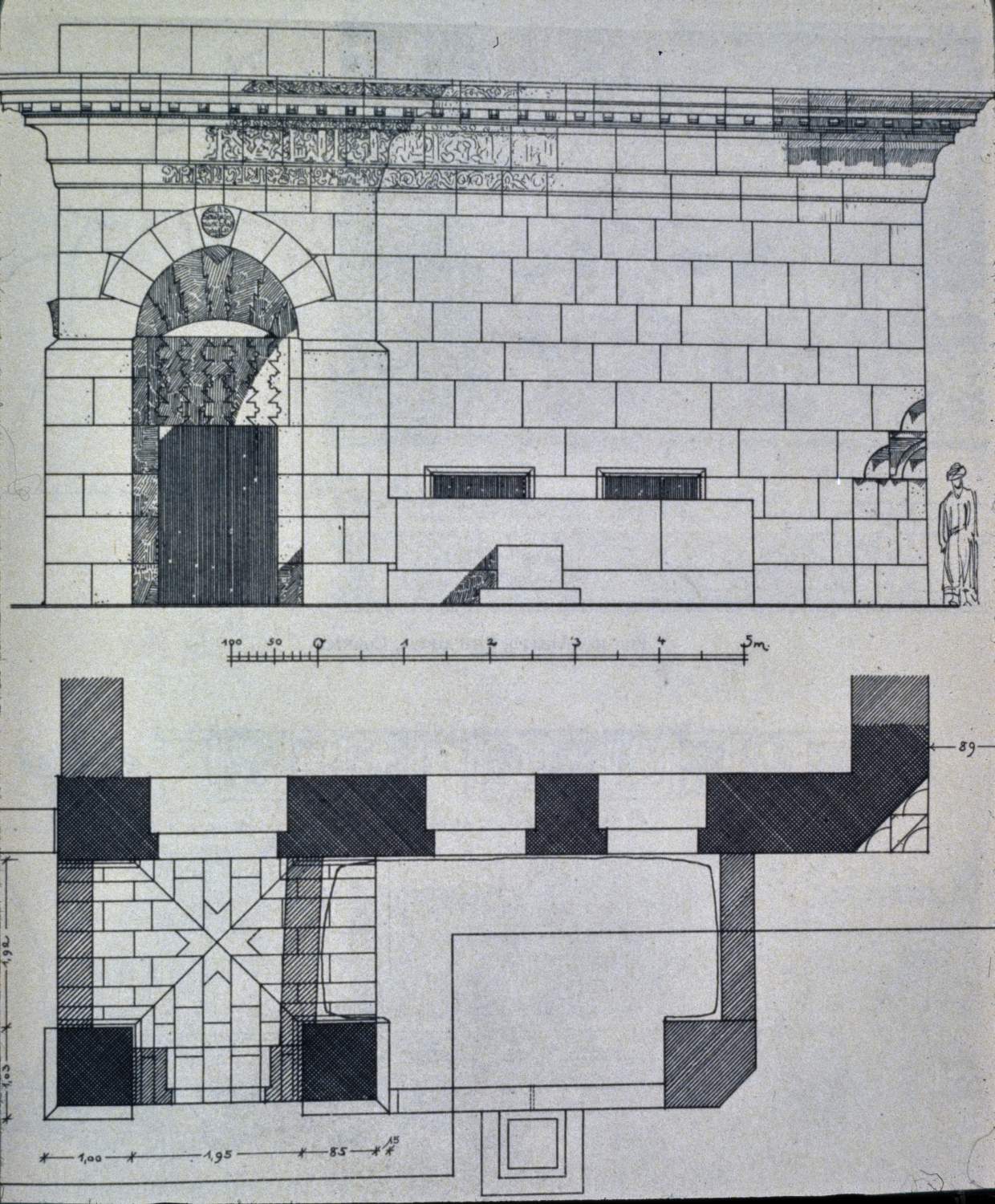 Elevation and plan of facade.