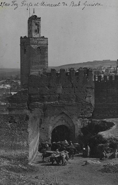 Exterior view of Bab Guissa gate and minaret / "Fez, Porte et Minaret de Bab-Guissa"