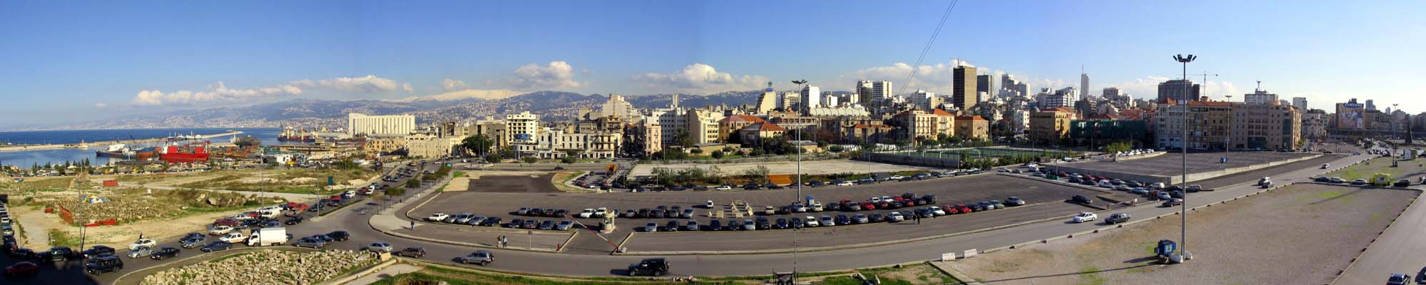 Panoramic view of Martyr's Square looking east with Beirut's harbor on the left and the ring road on the right