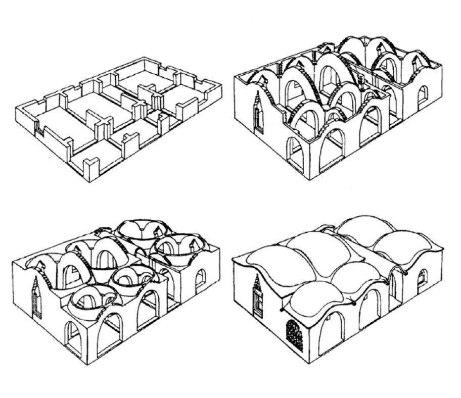<p>Renderings of the the first houses during four phases of construction</p>