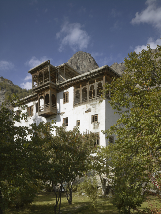 Khaplu Palace Restoration - View of the front of the south façade from the orchard