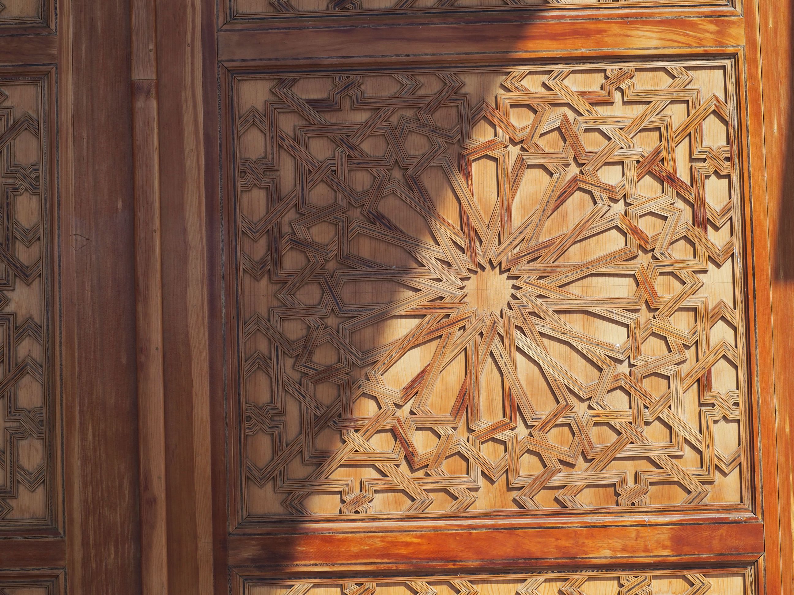 Princess Lalla ‘Abla’s Mosque  - <p>Detail view of geometric pattern on a wooden door panel</p>