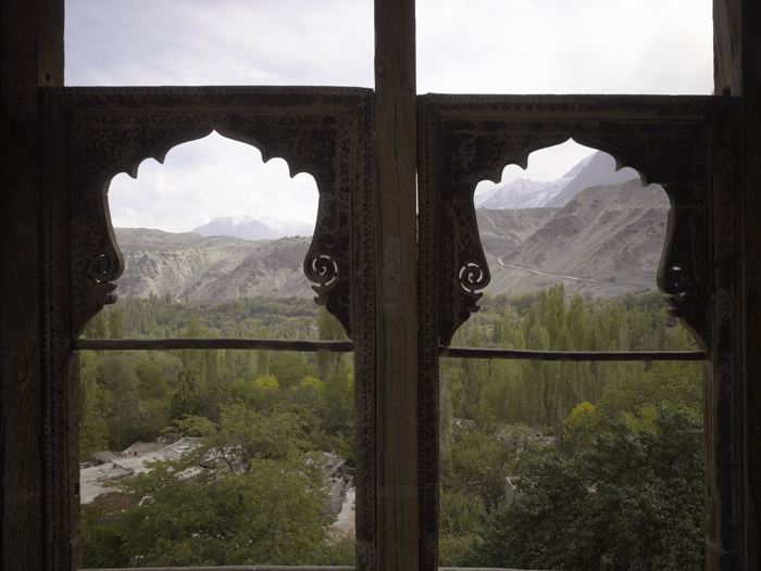 Khaplu Palace Restoration - View through wooden windows to the valley below