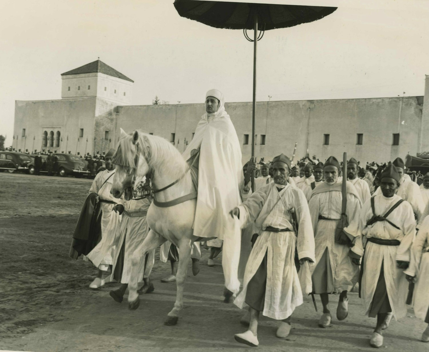 The Sultan of Morocco on his way to attend the French and American celebration in Rabat, Morocco.