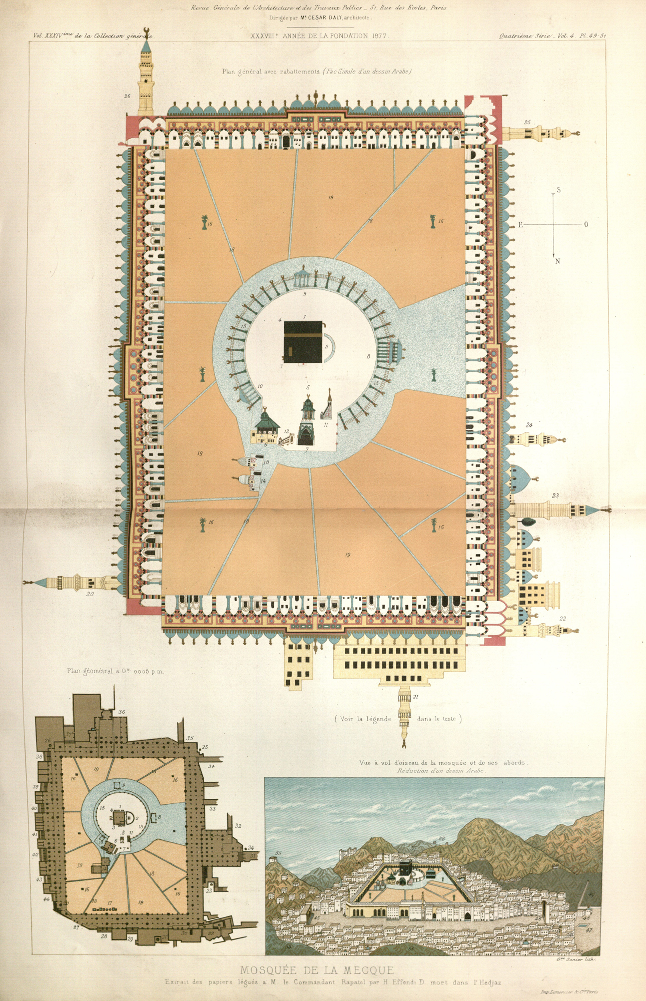 Plans and bird's-eye view of the mosque
