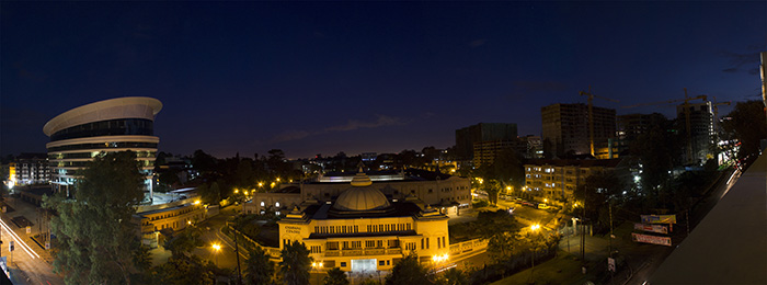 Exterior night view in surrounding context 