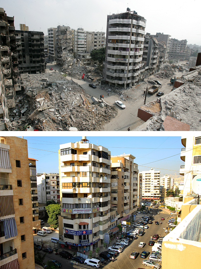 View of area around Diab Gas Station following the 2006 air strikes (above) and after completion of reconstruction (below)