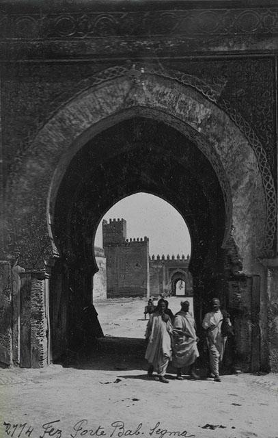 Exterior view looking through Bab Segma from outside the walls / "Fez, Port Bab Segma"