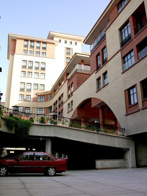 Parking level, view of the entrance bridge