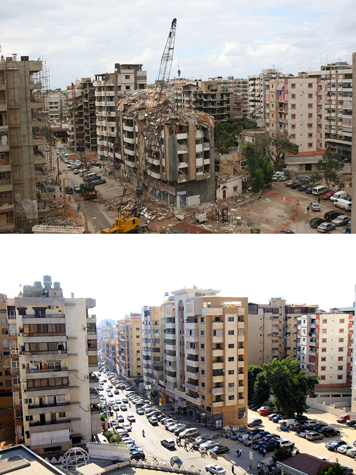 View of area around Bank Audi (Haret Hreik Branch) Station following the 2006 air strikes (above) and after completion of reconstruction (below)