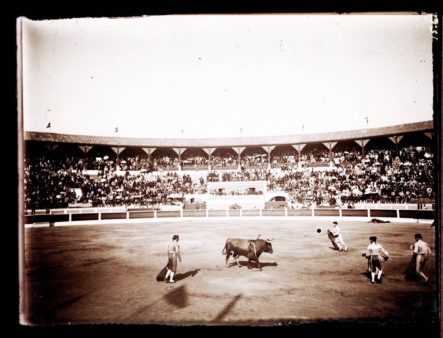 Matadors in the bullfight ring, viewed from the seating