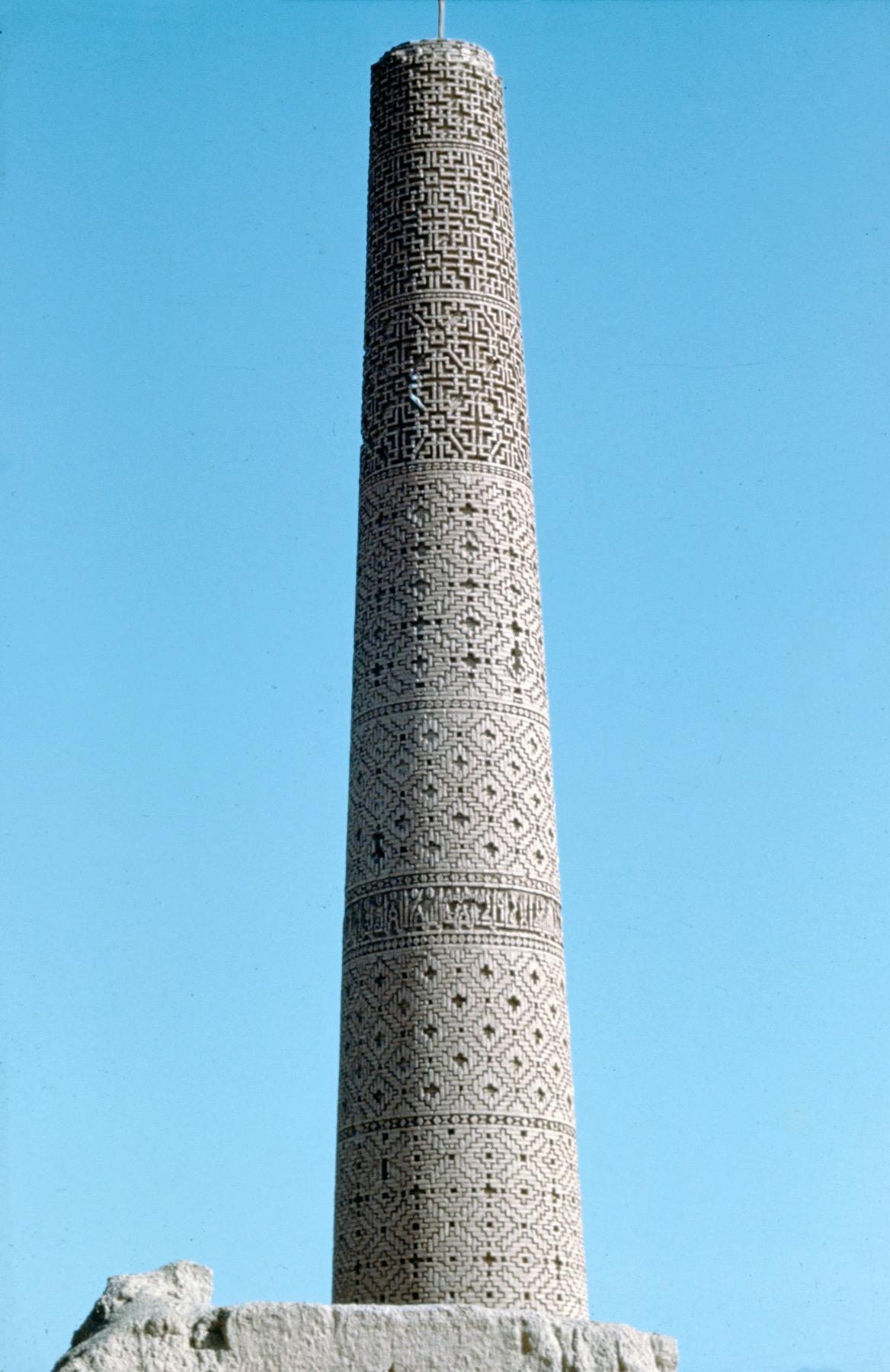 View of Seljuk minaret with decorative geometric brickwork