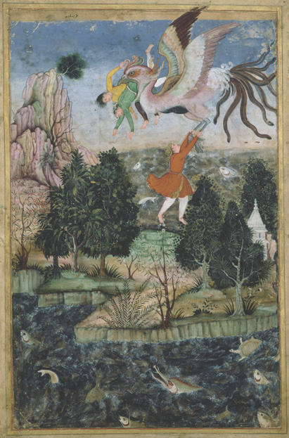 <p>Young Man Carried Off by a Giant Bird, (Lahore, Pakistan); opaque watercolour, gold and ink on paper (Mughal, circa 1590)</p>