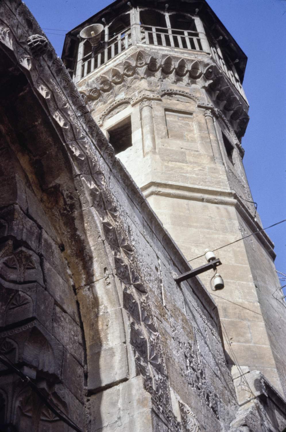 View of minaret from exterior of entry portal.
