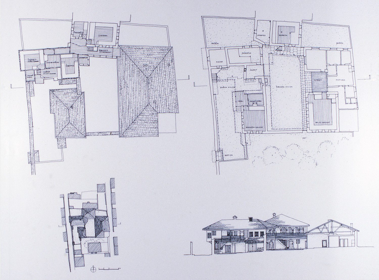 <p>These drawings, developed from more detailed documents, illustrate the buildings and open spaces that make up the complex. The two courtyards (with their long axes north-south) are paved with cobblestones. The two storey buildings contain the selamluk (men's section), on the left of each plan, and the haremluk (women's section), on the right of each plan. Although these sections touch one another, access to the family courtyard is only reached through a single passage (araluk). The narrower courtyard (men's courtyard) is entered from the street. (drawings by authors 1993; data from Sarajevo City Preservation Institute)</p>