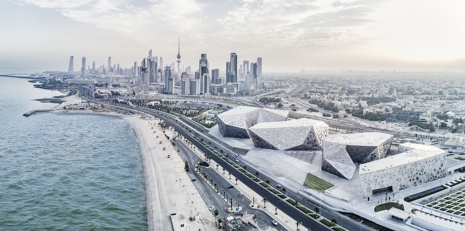 <p>An aerial view of JACC. The centrepiece of Kuwait’s new national cultural district comprises a Theatre Centre, Music Centre, Conference Centre, and National Library for Historical Documents.</p>