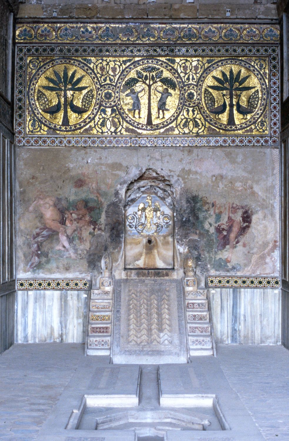 View of fountain and mosaics.