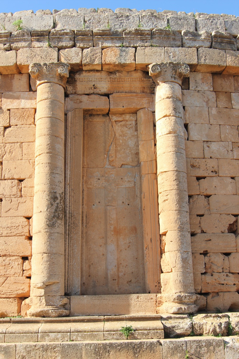 Close view of the east false door, flanked by a pair of Ionic columns