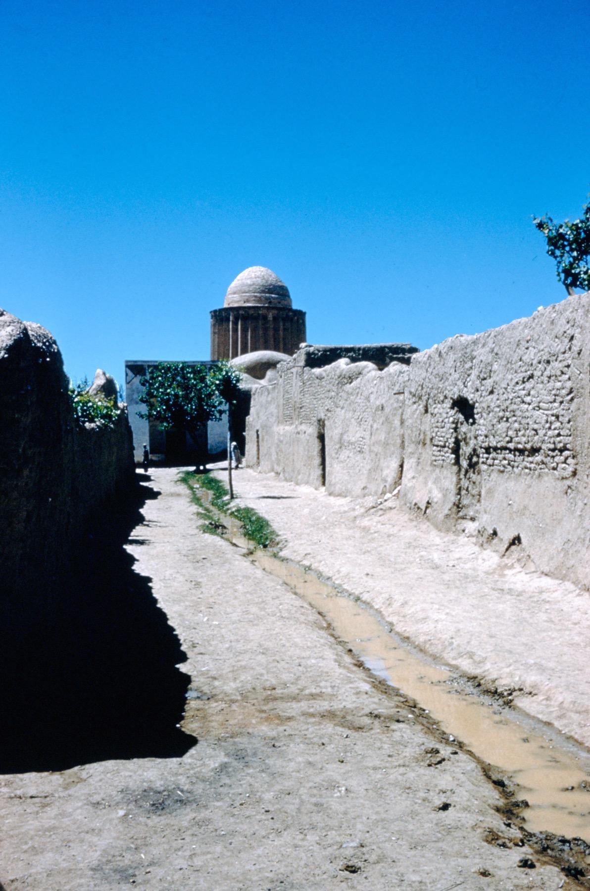 View looking south at the alley connecting the Shahrokhi madrasah to the entrance of Friday Mosque of Bistam with the tomb tower seen in background, looking south