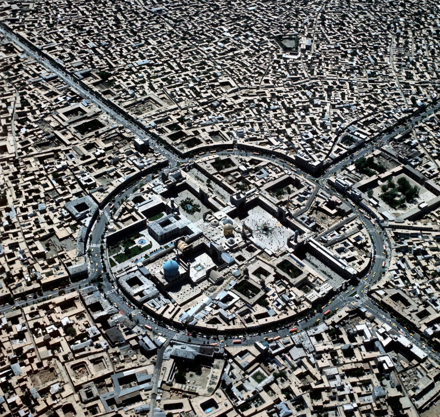 Imam Riza Shrine Complex - Aerial view over the center of Mashhad, Iran, showing Imam Riza Shrine Complex from south.