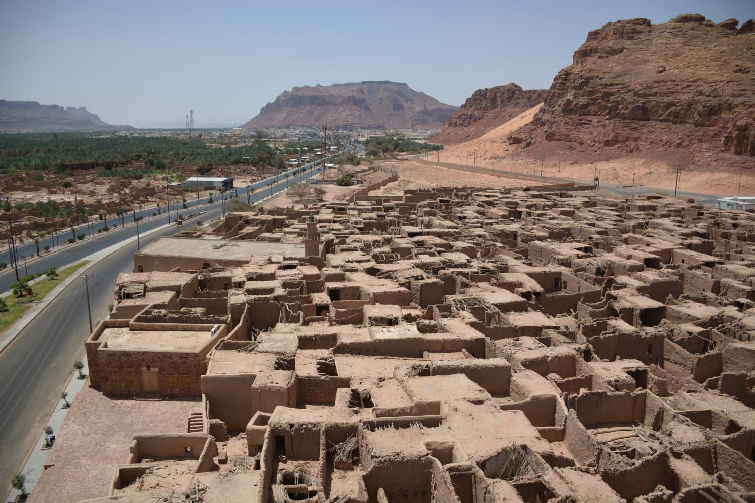 al-Ula - Elevated view of the town along a paved highway