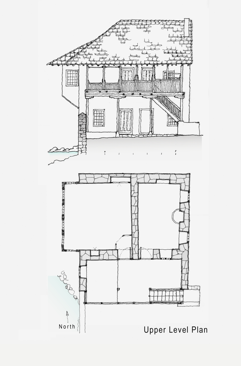 Plan and south elevation of konak, drawn in 2014 based on 1962 documents