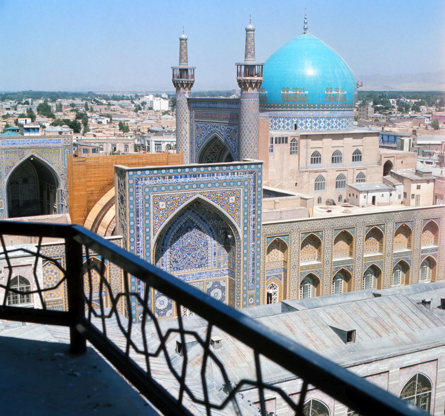 Imam Riza Shrine Complex - View toward the dome and minarets of the Gawhar Shad Mosque from the balcony of Caravanserai Nasiri.