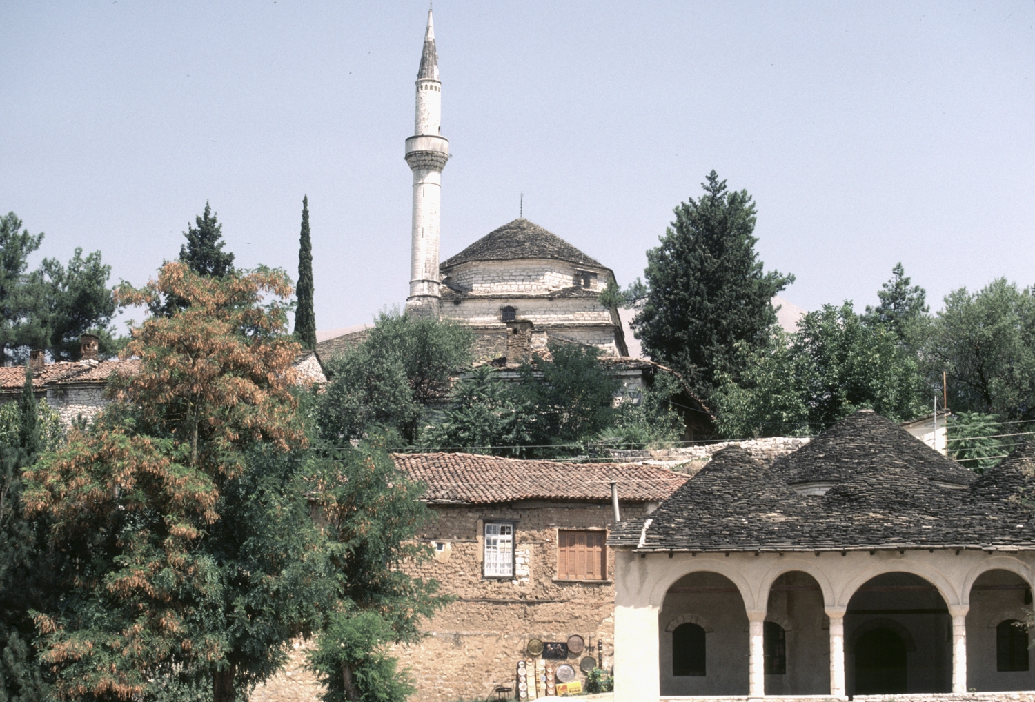 Partial distant view of mosque from southwest, seen above the citadel library