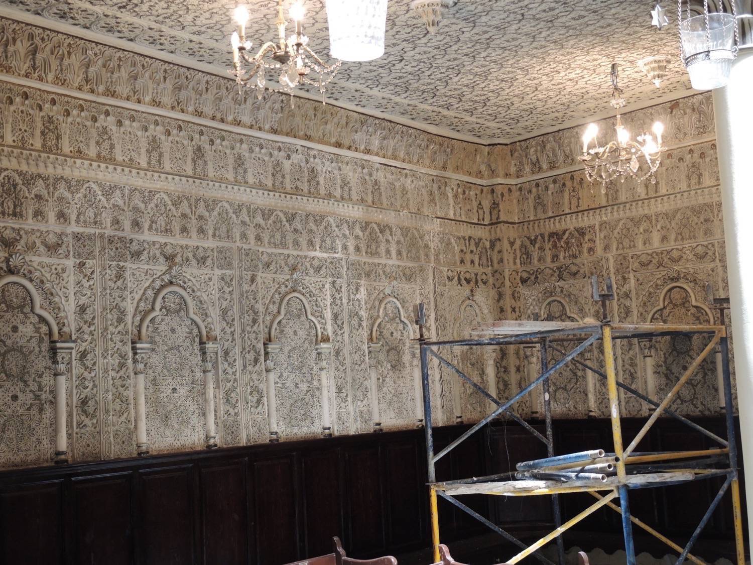 Interior view toward the corner, restoration scaffolding in place