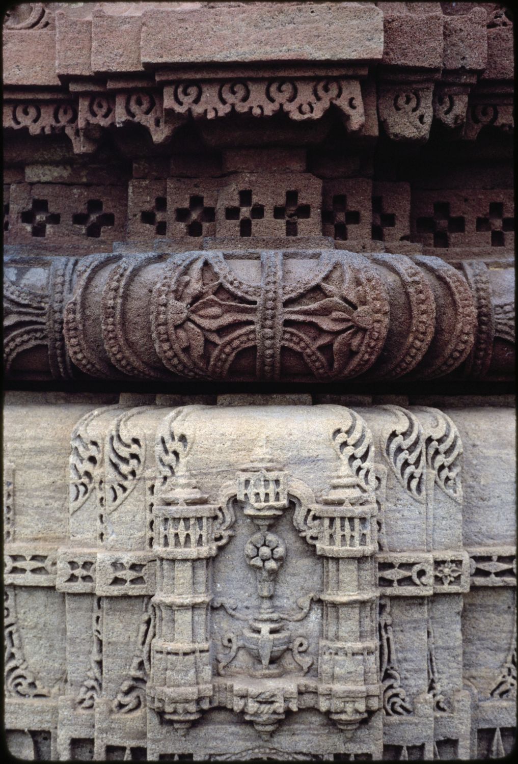 Detail of carved stone ornaments on minaret.