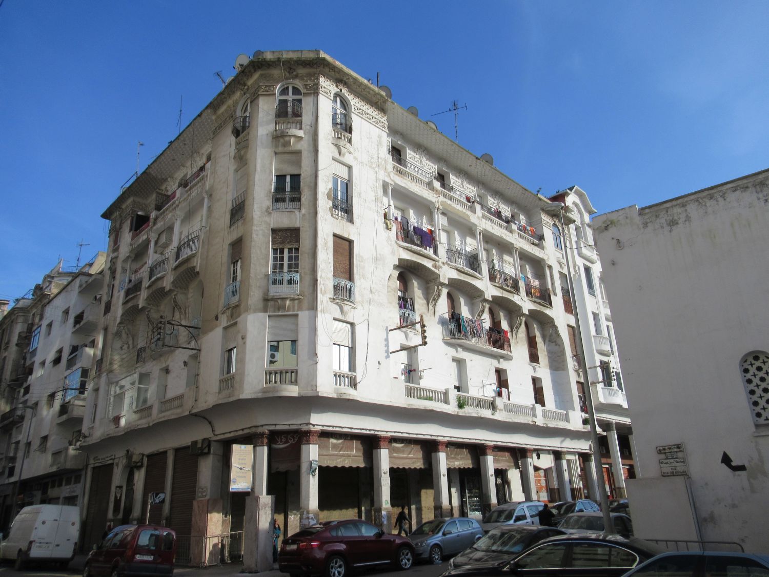 General view of a street, building facade.
