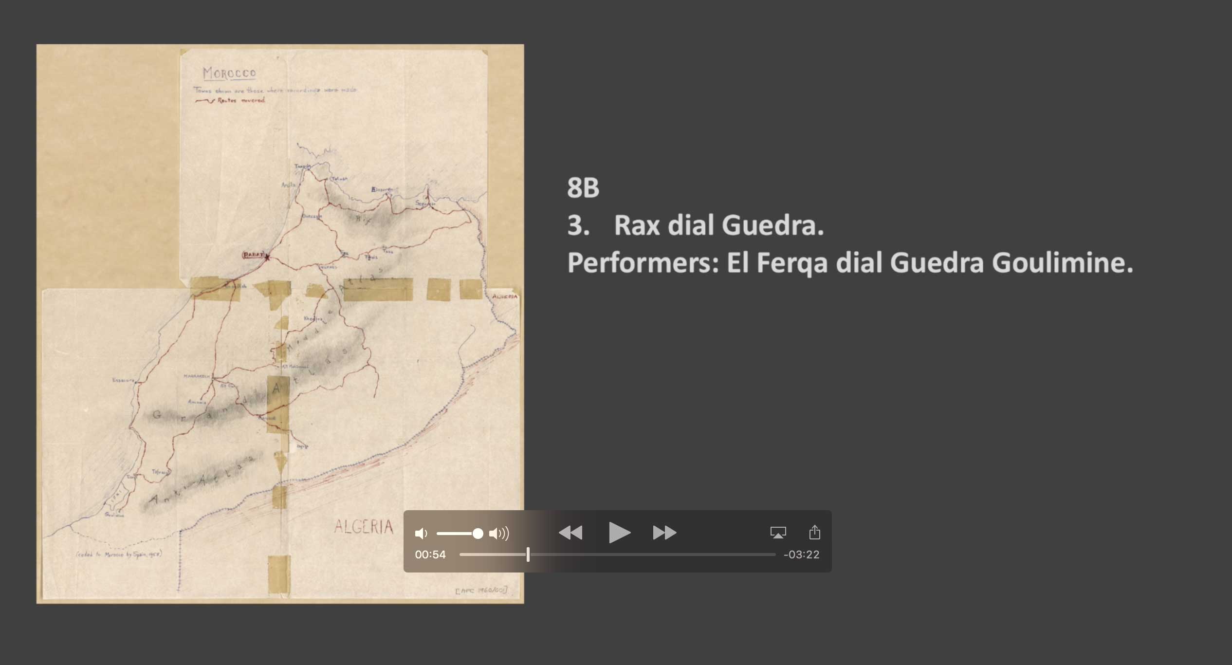 El Ferqa dial Guedra  - 8B Track 3 Rax dial Guedra
Performers: El Ferqa dial Guedra Goulimine 

Recorded by Paul Bowles at Goulimine, Moroccan Sahara.
August 12, 1959
