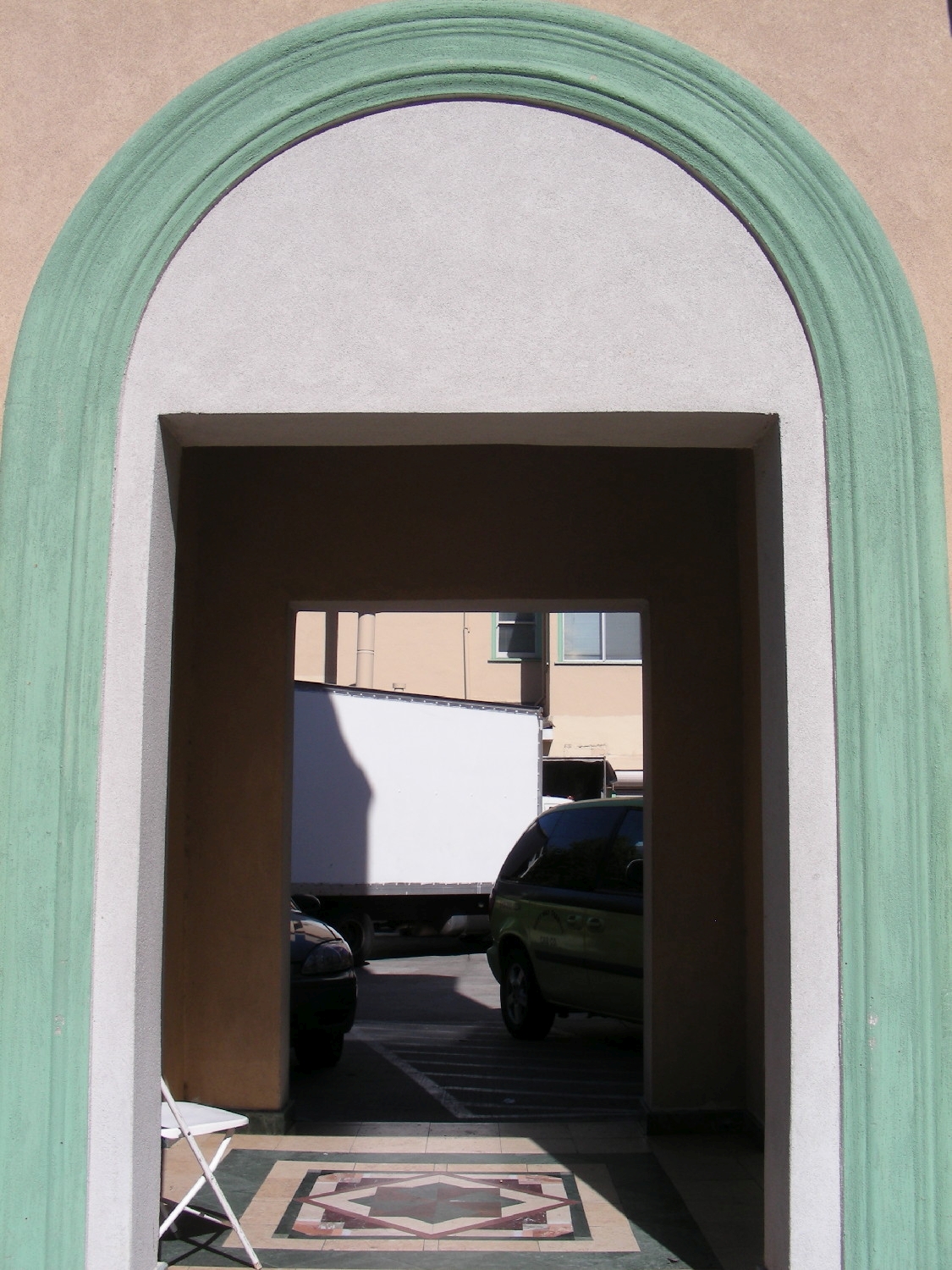 View looking west through minaret base and entryway