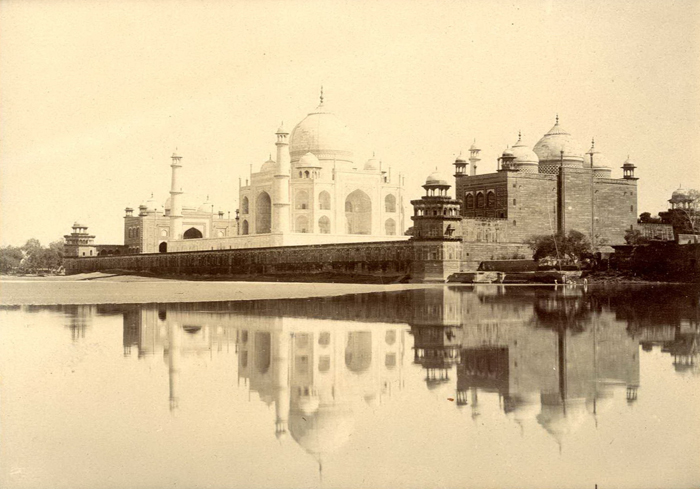19th century image of across the Yamuna River to the Taj Mahal Complex