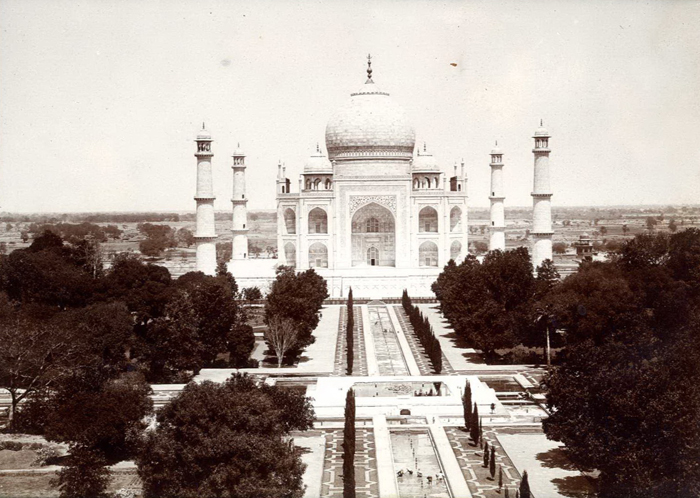 19th century image showing an aerial view to along the axis toward the main mausoleum