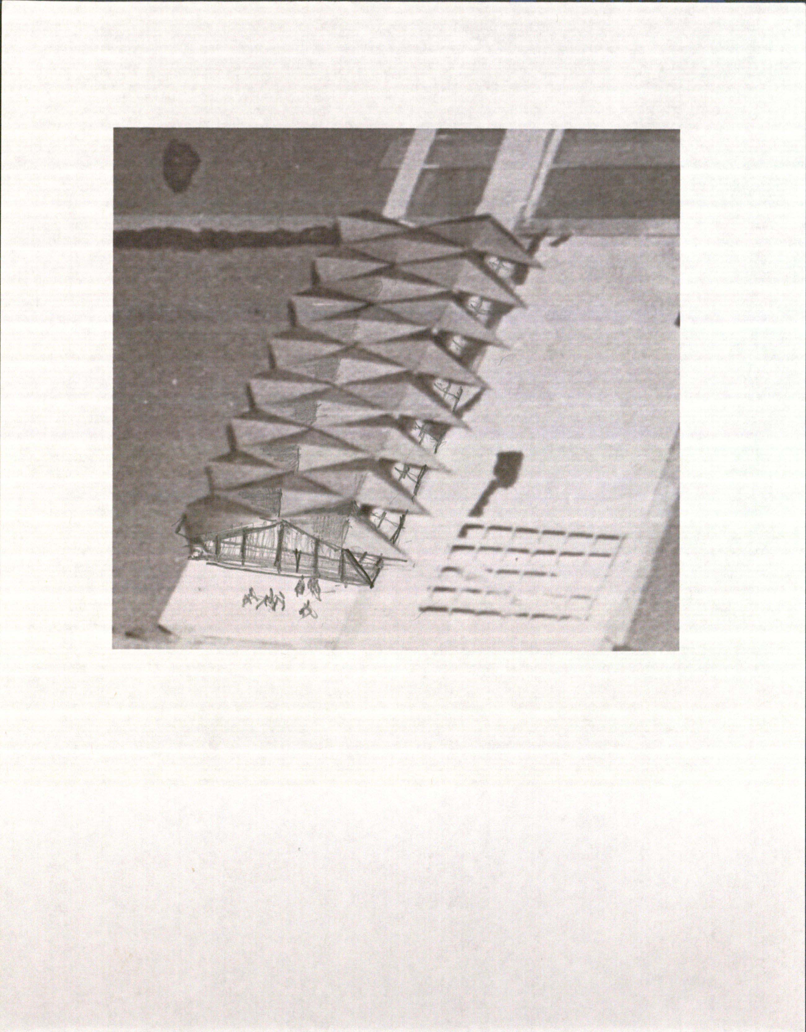 Copy of a photograph showing a detail of the tent structures from the model of the Teaching Hospital. The pint is annotated with sketches added by Hisham Munir.