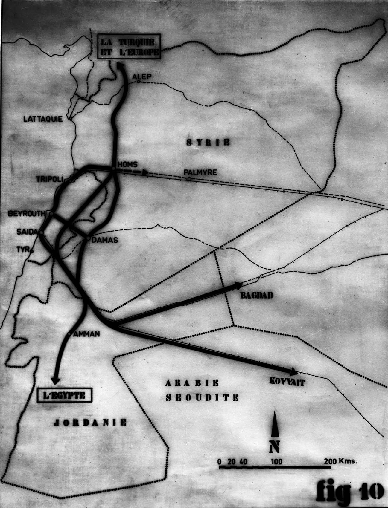 Fig 10.  Line map of Syria and neighboring countries, showing major routes of approach to Damascus