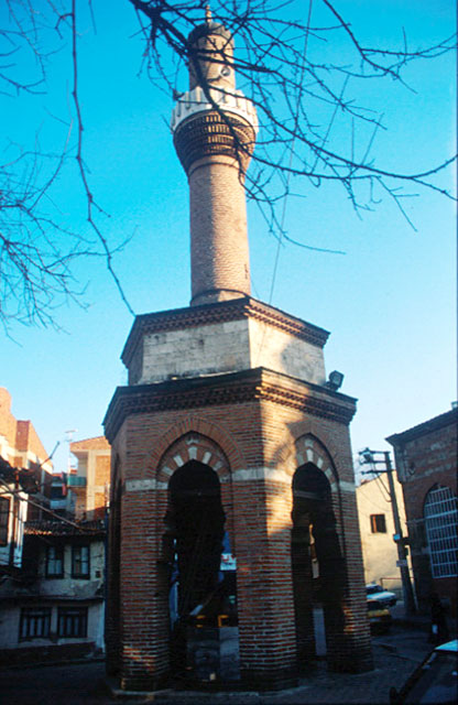 View of minaret from east, with ablution fountain underneath