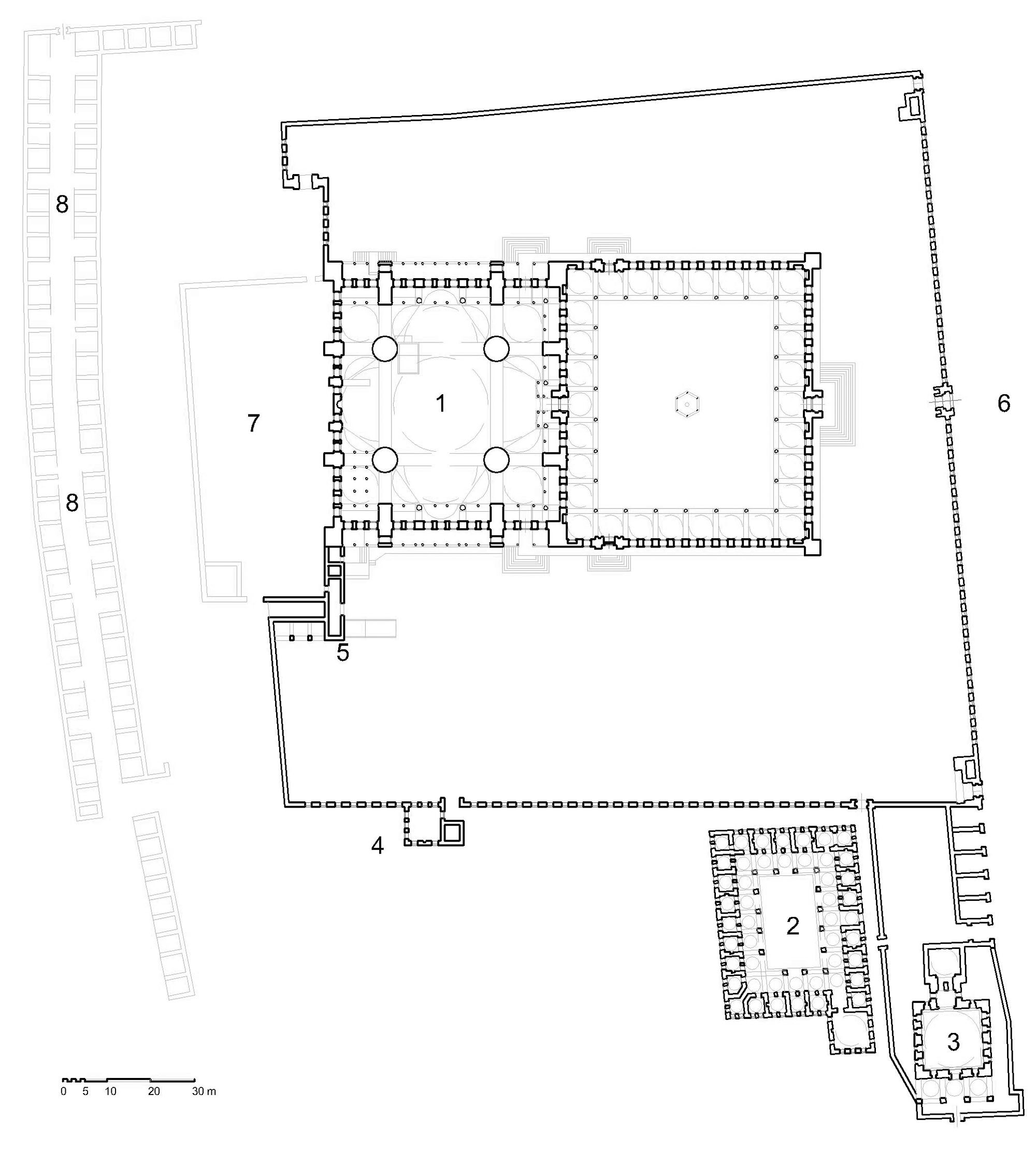 Floor plan of the remaining buildings in the Sultan Ahmed I complex: (1) mosque, (2) madrasa, (3) mausoleum, (4) elementary school, (5) royal pavilion, (6) hippodrome, (7) garden platform, (8) bazaar (<i>arasta</i>)