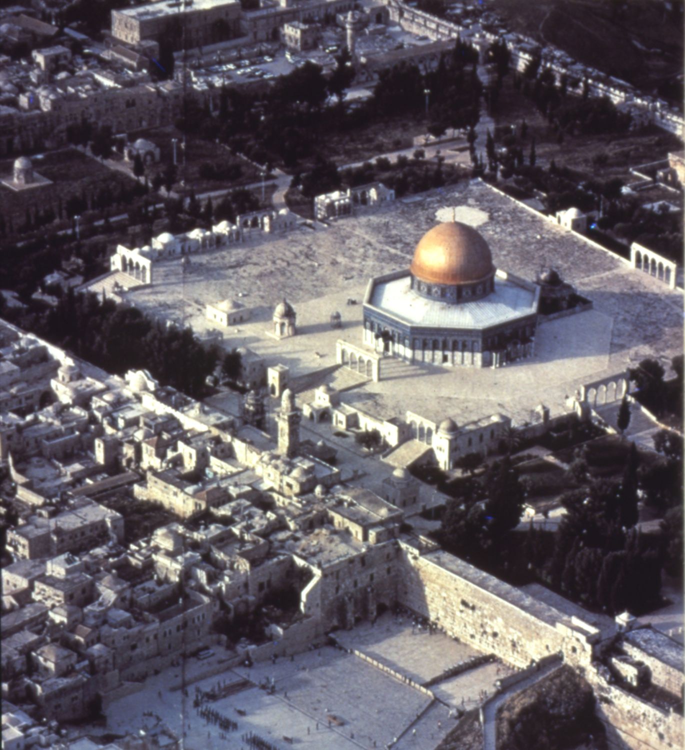 Aerial view of the Dome of the Rock terrace from southwest with the Wailing Wall on the bottom right corner of the photo.