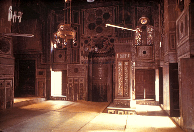 Interior view showing the qibla wall with mihrab and minbar